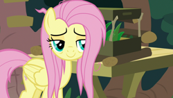 Size: 1920x1080 | Tagged: safe, screencap, character:fluttershy, species:pegasus, species:pony, episode:she talks to angel, g4, my little pony: friendship is magic, bags under eyes, female, folded wings, lidded eyes, mare, messy mane, messy tail, smiling, solo, tired smile, wings