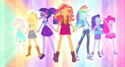 Size: 1899x1022 | Tagged: safe, official, screencap, character:applejack, character:fluttershy, character:pinkie pie, character:rainbow dash, character:rarity, character:sunset shimmer, character:twilight sparkle, character:twilight sparkle (scitwi), species:eqg human, episode:cheer you on, g4, my little pony:equestria girls, converse, geode of empathy, geode of fauna, geode of shielding, geode of sugar bombs, geode of super speed, geode of super strength, geode of telekinesis, humane five, humane seven, humane six, magical geodes, shoes