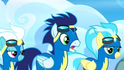 Size: 1280x720 | Tagged: safe, screencap, character:fleetfoot, character:misty fly, character:soarin', species:pegasus, species:pony, episode:newbie dash, g4, my little pony: friendship is magic, clothing, female, goggles, male, stallion, uniform, wonderbolts, wonderbolts uniform