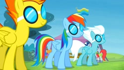 Size: 1280x720 | Tagged: safe, screencap, character:fleetfoot, character:rainbow dash, character:spitfire, species:pegasus, species:pony, episode:rainbow falls, g4, my little pony: friendship is magic, female, goggles