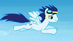 Size: 1280x720 | Tagged: safe, screencap, character:soarin', species:pegasus, species:pony, episode:rainbow falls, g4, my little pony: friendship is magic, flying, goggles, male, solo, stallion