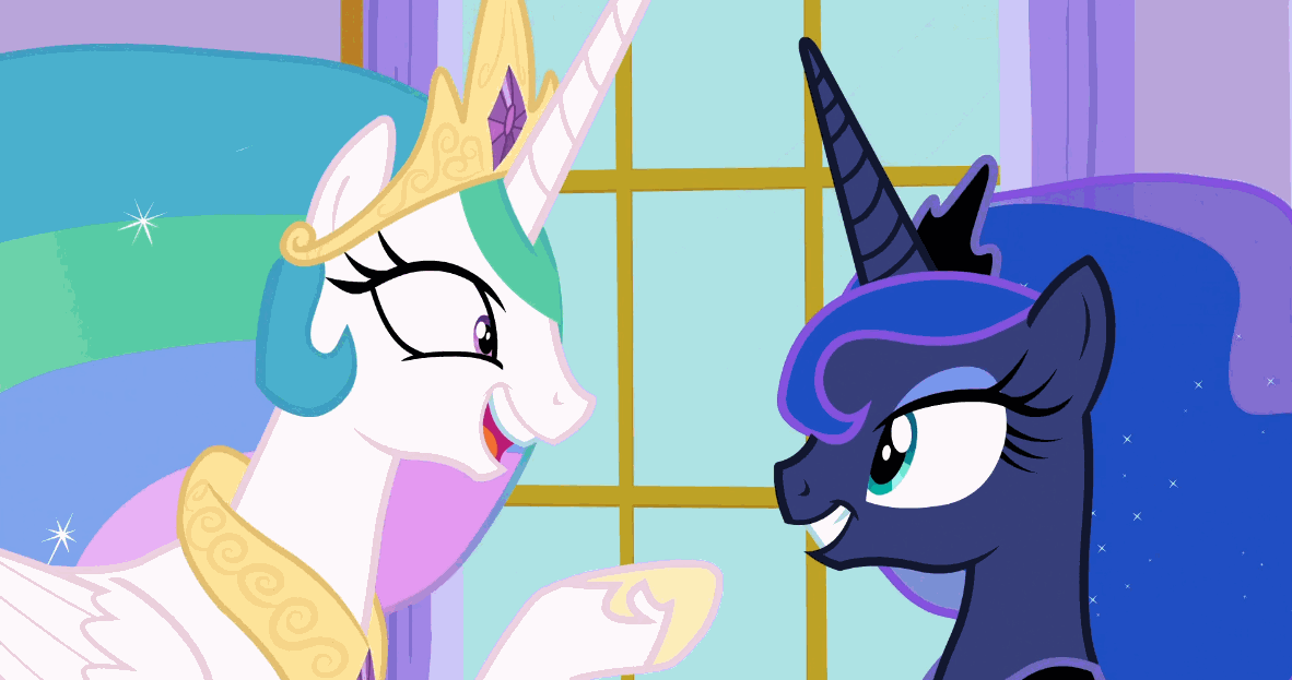 Size: 1182x623 | Tagged: safe, screencap, character:princess celestia, character:princess luna, species:alicorn, species:pony, episode:between dark and dawn, g4, my little pony: friendship is magic, animated, crown, cute, cutelestia, duo, ethereal mane, excited, eyes closed, eyeshadow, female, flowing mane, folded wings, gif, grin, hoof shoes, hoofbump, jewelry, looking at each other, lunabetes, makeup, mare, multicolored hair, regalia, royal sisters, siblings, sisterly love, sisters, smiling, talking, tiara, wings