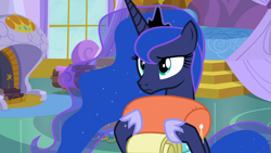Size: 1920x1080 | Tagged: safe, screencap, character:princess luna, species:alicorn, species:pony, episode:between dark and dawn, g4, my little pony: friendship is magic, bag, canterlot, cute, female, holding, lunabetes, mare, solo