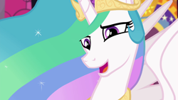 Size: 1920x1080 | Tagged: safe, screencap, character:princess celestia, species:alicorn, species:pony, equestria girls:forgotten friendship, g4, my little pony:equestria girls, beautiful, benevolent, crown, cute, cutelestia, ethereal mane, female, flowing mane, forgiveness, jewelry, looking at someone, looking down, mare, multicolored hair, open mouth, purple eyes, regalia, smiling, spread wings, talking, wings