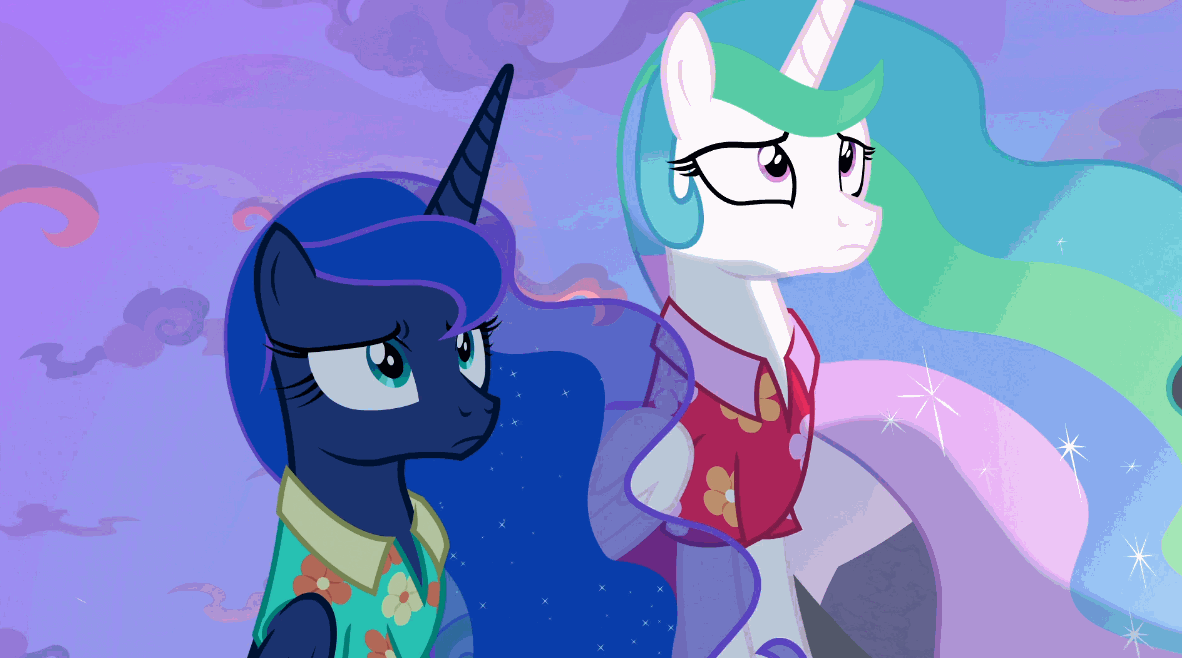 Size: 1182x658 | Tagged: safe, screencap, character:princess celestia, character:princess luna, species:alicorn, species:pony, episode:between dark and dawn, g4, my little pony: friendship is magic, animated, clothing, female, gif, hawaiian shirt, looking up, mare, royal sisters, shirt, siblings, sisters, sitting