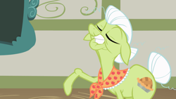 Size: 2000x1125 | Tagged: safe, screencap, character:granny smith, species:earth pony, species:pony, episode:family appreciation day, g4, my little pony: friendship is magic, clenched teeth, eyes closed, faec, female, floppy ears, mare, raised hoof, solo