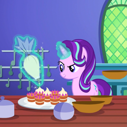 Size: 1079x1079 | Tagged: safe, screencap, character:starlight glimmer, species:pony, species:unicorn, episode:all bottled up, g4, my little pony: friendship is magic, cake, cropped, female, food, mare, solo, teacakes