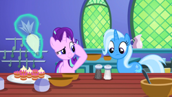 Size: 1920x1080 | Tagged: safe, screencap, character:starlight glimmer, character:trixie, species:pony, species:unicorn, episode:all bottled up, g4, my little pony: friendship is magic, cake, female, food, mare, teacakes
