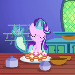 Size: 1080x1080 | Tagged: safe, screencap, character:starlight glimmer, species:pony, species:unicorn, episode:all bottled up, g4, my little pony: friendship is magic, cake, cropped, female, food, frosting, icing bag, mare, solo, teacakes