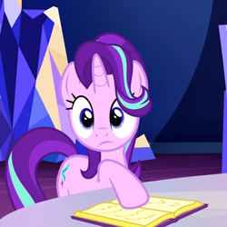 Size: 1080x1080 | Tagged: safe, screencap, character:starlight glimmer, species:pony, species:unicorn, episode:all bottled up, g4, my little pony: friendship is magic, book, cropped, female, mare, solo, twilight's castle
