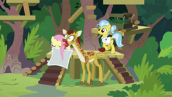 Size: 1920x1080 | Tagged: safe, screencap, character:clementine, character:doctor fauna, character:fluttershy, species:earth pony, species:pony, episode:she talks to angel, g4, my little pony: friendship is magic, clothing, cloven hooves, female, giraffe, mare, open mouth, shirt, sweet feather sanctuary, tongue out