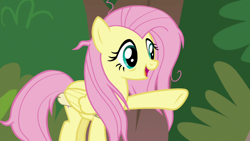 Size: 1920x1080 | Tagged: safe, screencap, character:fluttershy, species:pegasus, species:pony, episode:she talks to angel, g4, my little pony: friendship is magic, female, mare, messy mane, pointing, raised hoof, solo