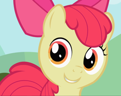Size: 1188x938 | Tagged: safe, screencap, character:apple bloom, species:earth pony, species:pony, episode:the cutie pox, g4, my little pony: friendship is magic, adorabloom, animation error, cropped, cute, looking at you, missing eyelashes, smiling, solo