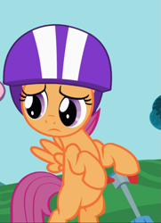 Size: 677x937 | Tagged: safe, screencap, character:scootaloo, species:pegasus, species:pony, episode:the cutie pox, g4, my little pony: friendship is magic, cropped, cute, frown, helmet, sad, sadorable, scooter, solo