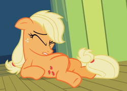 Size: 812x577 | Tagged: safe, screencap, character:applejack, species:earth pony, species:pony, episode:the cutie pox, g4, my little pony: friendship is magic, belly, cropped, eyes closed, lying down, solo