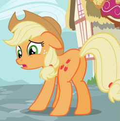 Size: 819x830 | Tagged: safe, screencap, character:applejack, species:earth pony, species:pony, episode:the cutie pox, g4, my little pony: friendship is magic, butt, cropped, floppy ears, looking back, plot, solo