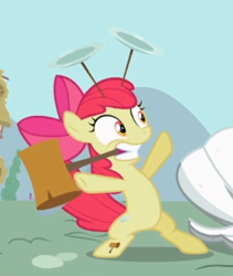 Size: 406x480 | Tagged: safe, screencap, character:apple bloom, episode:the cutie pox, g4, my little pony: friendship is magic, bipedal, cropped, hammer, plate spinning, plates, solo, teeth