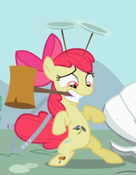 Size: 367x470 | Tagged: safe, screencap, character:apple bloom, episode:the cutie pox, g4, my little pony: friendship is magic, bipedal, cropped, cutie pox, hammer, loop-de-hoop, plate spinning, solo, teeth