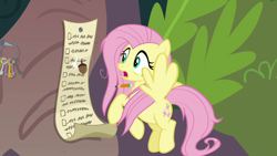 Size: 1920x1080 | Tagged: safe, screencap, character:fluttershy, species:pegasus, species:pony, episode:she talks to angel, g4, my little pony: friendship is magic, acorn, checklist, female, flying, key, key ring, mare, messy mane, solo