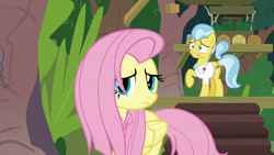 Size: 1920x1080 | Tagged: safe, screencap, character:doctor fauna, character:fluttershy, species:earth pony, species:pegasus, species:pony, episode:she talks to angel, g4, my little pony: friendship is magic, clothing, female, mare, messy mane, ponytail, raised hoof, shirt