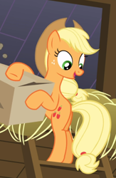 Size: 570x875 | Tagged: safe, screencap, character:applejack, species:earth pony, species:pony, episode:apple family reunion, g4, my little pony: friendship is magic, applejack's hat, box, clothing, cowboy hat, cropped, cute, female, freckles, hat, hay, jackabetes, ladder, looking down, mare, open mouth, plot, ponytail, smiling, solo, stetson, tied tail