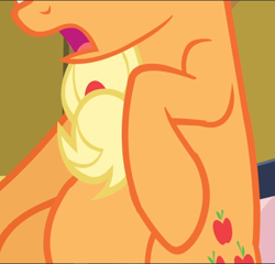 Size: 982x941 | Tagged: safe, screencap, character:applejack, species:earth pony, species:pony, episode:apple family reunion, g4, my little pony: friendship is magic, belly, cropped, open mouth, pictures of bellies, solo