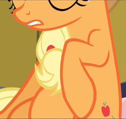 Size: 991x940 | Tagged: safe, screencap, character:applejack, species:earth pony, species:pony, episode:apple family reunion, g4, my little pony: friendship is magic, belly, cropped, eyes closed, pictures of bellies, solo
