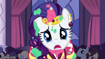 Size: 360x202 | Tagged: safe, screencap, character:rarity, species:pony, species:unicorn, episode:the best night ever, g4, my little pony: friendship is magic, season 1, afraid to get dirty, angry, animated, anime effects, clothing, dress, ear piercing, eyeshadow, female, furious, gala, gala dress, gif, insulted, jewelry, looking at you, makeup, mare, messy, piercing, shrunken pupils, solo focus, tiara