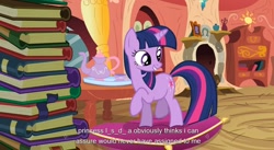 Size: 1582x869 | Tagged: safe, screencap, character:twilight sparkle, species:pony, species:unicorn, episode:spike at your service, g4, my little pony: friendship is magic, book, drugs, female, lsd, mare, youtube caption, youtube link
