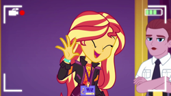 Size: 1920x1080 | Tagged: safe, screencap, character:sunset shimmer, episode:how to backstage, g4, my little pony:equestria girls, cute, duo, female, mulberry barricade, recording, security guard, selfie drone, shimmerbetes, smiling, waving