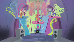 Size: 1920x1080 | Tagged: safe, screencap, character:applejack, character:fluttershy, character:pinkie pie, character:rainbow dash, character:rarity, character:sunset shimmer, equestria girls:rainbow rocks, g4, my little pony:equestria girls, drums, electric guitar, guitar, keytar, microphone, musical instrument, shine like rainbows, speakers, stage, tambourine, the rainbooms