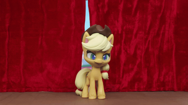 Size: 800x450 | Tagged: safe, screencap, character:applejack, species:alicorn, species:earth pony, species:pony, g4.5, my little pony: stop motion short, my little pony:pony life, animated, clenched teeth, clothing, curtains, gif, hat, house, magic, magic aura, magician pinkie pie (short), outdoors, stop motion, struggling, surprised, telekinesis, wings, yoink