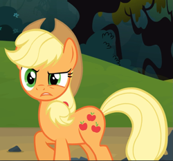 Size: 991x929 | Tagged: safe, screencap, character:applejack, species:earth pony, species:pony, episode:spike at your service, g4, my little pony: friendship is magic, applejack is not amused, cropped, raised hoof, solo, unamused