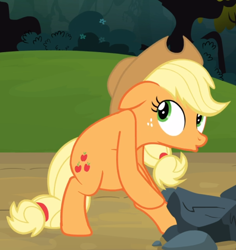 Size: 790x837 | Tagged: safe, screencap, character:applejack, species:earth pony, species:pony, episode:spike at your service, g4, my little pony: friendship is magic, applejack's hat, belly, bipedal, bush, clothing, cowboy hat, cropped, female, floppy ears, flower, hat, looking back, mare, rock, solo, stuck
