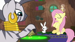 Size: 1920x1080 | Tagged: safe, screencap, character:angel bunny, character:fluttershy, character:zecora, species:pegasus, species:pony, species:rabbit, species:zebra, episode:she talks to angel, g4, my little pony: friendship is magic, animal, cauldron, ear piercing, earring, female, jewelry, male, mare, messy mane, neck rings, piercing, zecora's hut