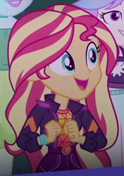 Size: 449x639 | Tagged: safe, screencap, character:aqua blossom, character:sunset shimmer, equestria girls:sunset's backstage pass, g4, my little pony:equestria girls, clothing, cropped, cute, female, geode of empathy, jacket, magical geodes, music festival outfit, shimmerbetes, snow flower