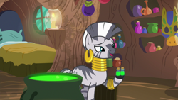 Size: 1920x1080 | Tagged: safe, screencap, character:zecora, species:pony, species:zebra, episode:she talks to angel, g4, my little pony: friendship is magic, bed, bottle, candle, cauldron, ear piercing, earring, female, jewelry, leg rings, mare, neck rings, piercing, solo, zecora's hut
