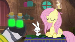 Size: 1920x1080 | Tagged: safe, screencap, character:angel bunny, character:fluttershy, character:zecora, species:pegasus, species:pony, species:rabbit, episode:she talks to angel, g4, my little pony: friendship is magic, animal, bottle, duo focus, eyes closed, female, hoof hold, male, mare, messy mane, potion, raised hoof, sitting, zecora's hut