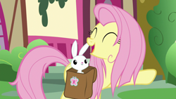 Size: 1920x1080 | Tagged: safe, screencap, character:angel bunny, character:fluttershy, species:pony, species:rabbit, episode:she talks to angel, g4, my little pony: friendship is magic, animal, bag, duo, eyes closed, female, male, mare, messy mane, open mouth, raised hoof, saddle bag
