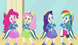 Size: 1280x738 | Tagged: safe, screencap, character:fluttershy, character:pinkie pie, character:rainbow dash, character:rarity, equestria girls:equestria girls, g4, my little pony:equestria girls, cafeteria, clothing, equestria girls movie, fake ears, fake tail, helping twilight win the crown, sweater, wondercolt ears