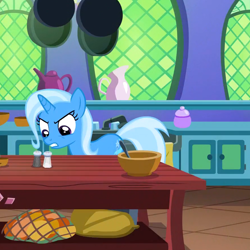 Size: 884x884 | Tagged: safe, screencap, character:trixie, species:pony, species:unicorn, episode:all bottled up, g4, my little pony: friendship is magic, cropped, kitchen, salt and pepper shakers, solo, twilight's castle