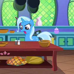 Size: 964x964 | Tagged: safe, screencap, character:trixie, species:pony, species:unicorn, episode:all bottled up, g4, my little pony: friendship is magic, cropped, kitchen, salt and pepper shakers, solo, twilight's castle