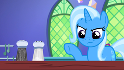 Size: 1920x1080 | Tagged: safe, screencap, character:trixie, species:pony, species:unicorn, episode:all bottled up, g4, my little pony: friendship is magic, cute, female, frown, frustrated, incompetence, kitchen, mare, pointing, raised hoof, salt and pepper shakers, solo, trixie is not amused, twilight's castle, unamused