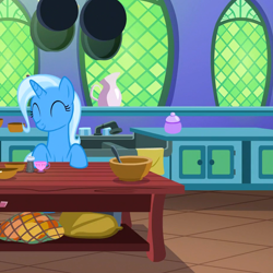 Size: 918x918 | Tagged: safe, screencap, character:trixie, species:pony, species:unicorn, episode:all bottled up, g4, my little pony: friendship is magic, cropped, kitchen, smiling, solo, twilight's castle