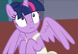 Size: 1354x941 | Tagged: safe, screencap, character:twilight sparkle, character:twilight sparkle (alicorn), species:alicorn, species:pony, episode:a royal problem, g4, my little pony: friendship is magic, ballerina, cropped, shocked, solo, spread wings, tutu, twilarina, wings