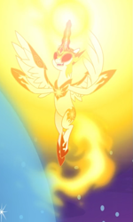 Size: 561x933 | Tagged: safe, screencap, character:daybreaker, character:princess celestia, species:alicorn, species:pony, episode:a royal problem, g4, my little pony: friendship is magic, armor, bright, cropped, dream realm, female, fire, flying, glowing eyes, glowing horn, helmet, hoof shoes, horn, magic, mane of fire, mare, powerful, red eyes, sin of pride, solo, spread wings, tail of fire, wing armor, wings