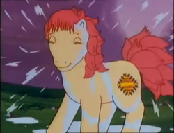 Size: 1247x959 | Tagged: safe, screencap, character:patch (g1), episode:the impractical joker, g1, my little pony tales, horses doing horse things, shaking, wet mane, wet tail