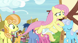 Size: 1920x1080 | Tagged: safe, screencap, character:angel bunny, character:blues, character:caramel, character:fluttershy, character:junebug, character:lily, character:lily valley, character:linky, character:noteworthy, character:shoeshine, species:earth pony, species:pegasus, species:pony, episode:she talks to angel, g4, my little pony: friendship is magic, background pony, body swap, female, jumping, male, mare, stallion