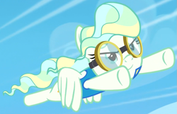 Size: 911x585 | Tagged: safe, screencap, character:vapor trail, species:pegasus, species:pony, episode:top bolt, g4, my little pony: friendship is magic, clothing, cropped, female, flying, goggles, solo, uniform, wonderbolt trainee uniform