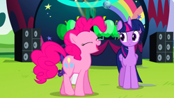 Size: 1920x1080 | Tagged: safe, screencap, character:pinkie pie, character:rarity, character:twilight sparkle, character:twilight sparkle (alicorn), species:alicorn, species:earth pony, species:pony, species:unicorn, episode:the mane attraction, g4, my little pony: friendship is magic, speakers, stage